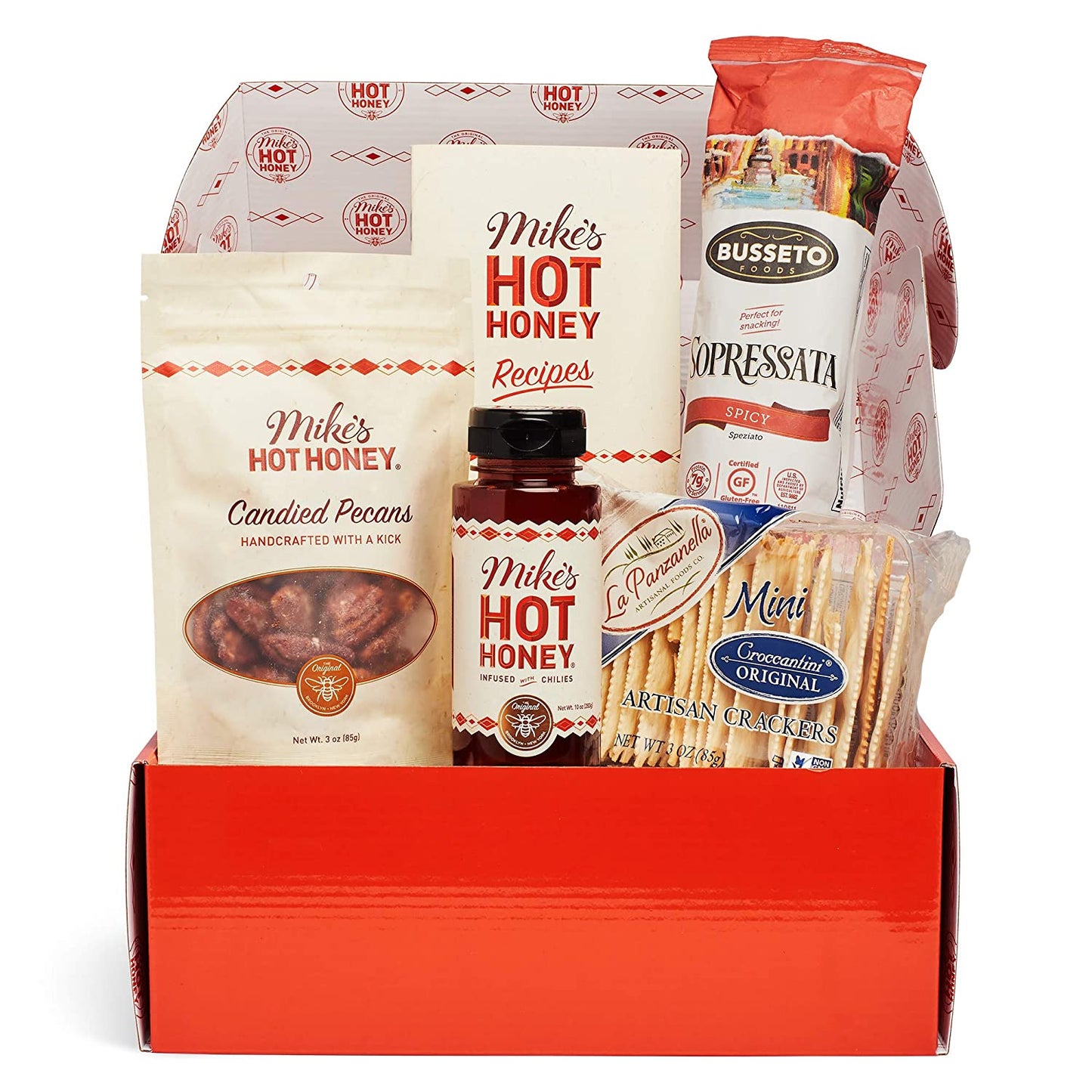 Mike’s Hot Honey Gourmet Gift Basket - Mike's Hot Honey, Artisan Sausage, Candied Nuts, Sea Salt Crackers