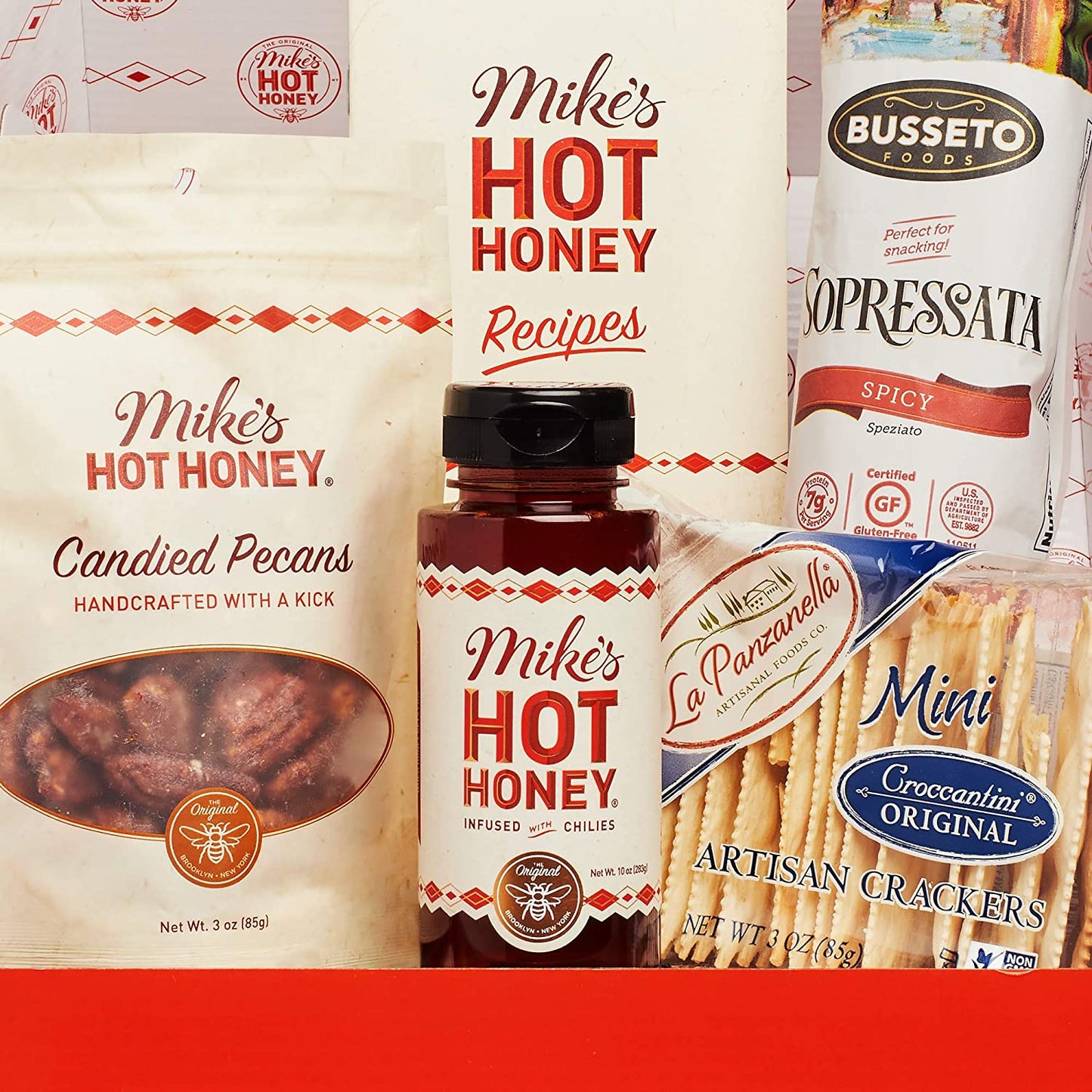 Mike’s Hot Honey Gourmet Gift Basket - Mike's Hot Honey, Artisan Sausage, Candied Nuts, Sea Salt Crackers