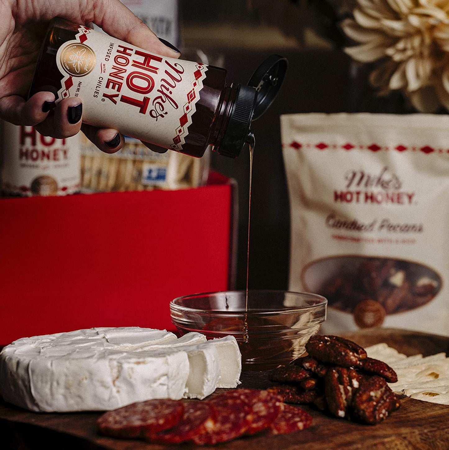 Mike’s Hot Honey Gourmet Gift Basket - Mike's Hot Honey, Artisan Sausage, Candied Nuts, Sea Salt Crackers