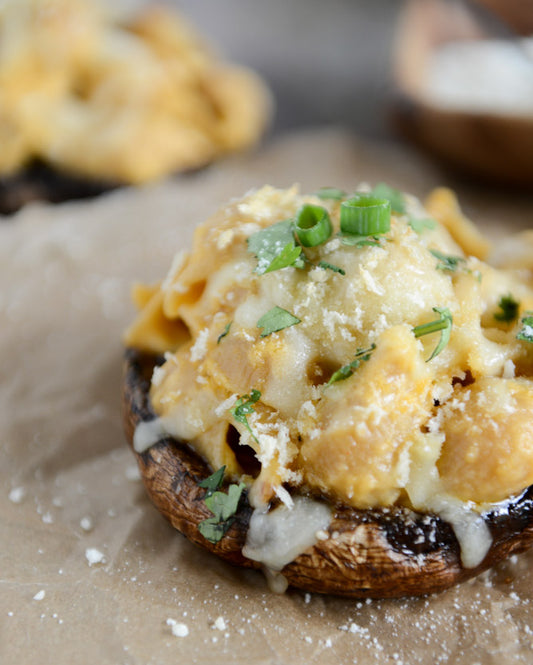Mac and Cheese Stuffed Brown Sugar Balsamic Portobello Mushrooms