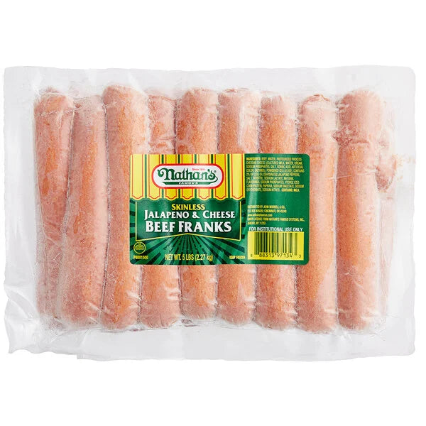 Nathan's Famous 6" - 5/1 Jalapeno & Cheese Beef Franks Hot Dogs - 100/Case