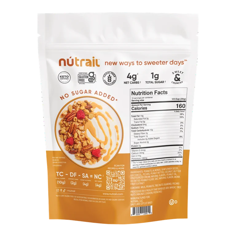 NuTrail Nut Granola Cereal Peanut Butter - No Sugar Added, Keto, Low Carb, Gluten Free, Grain Free - Pack of 3