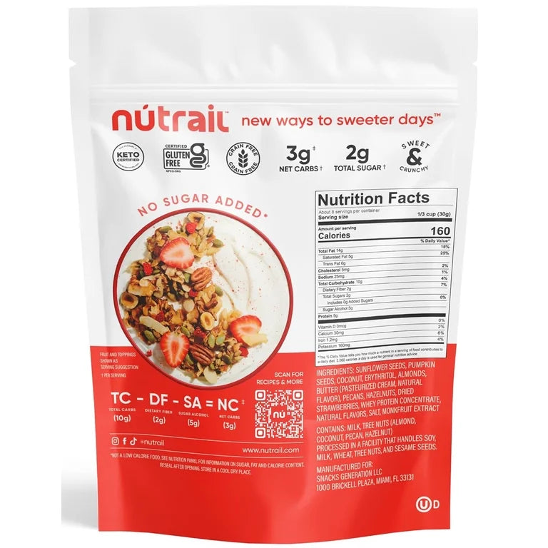 NuTrail Nut Granola Cereal Vanilla Strawberry - No Sugar Added, Keto, Low Carb, Gluten Free, Grain Free - Pack of 3