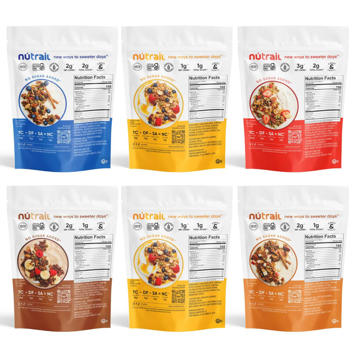 NuTrail Nut Granola Cereal Variety Pack - No Sugar Added, Keto, Low Carb, Gluten Free, Grain Free - Pack of 6