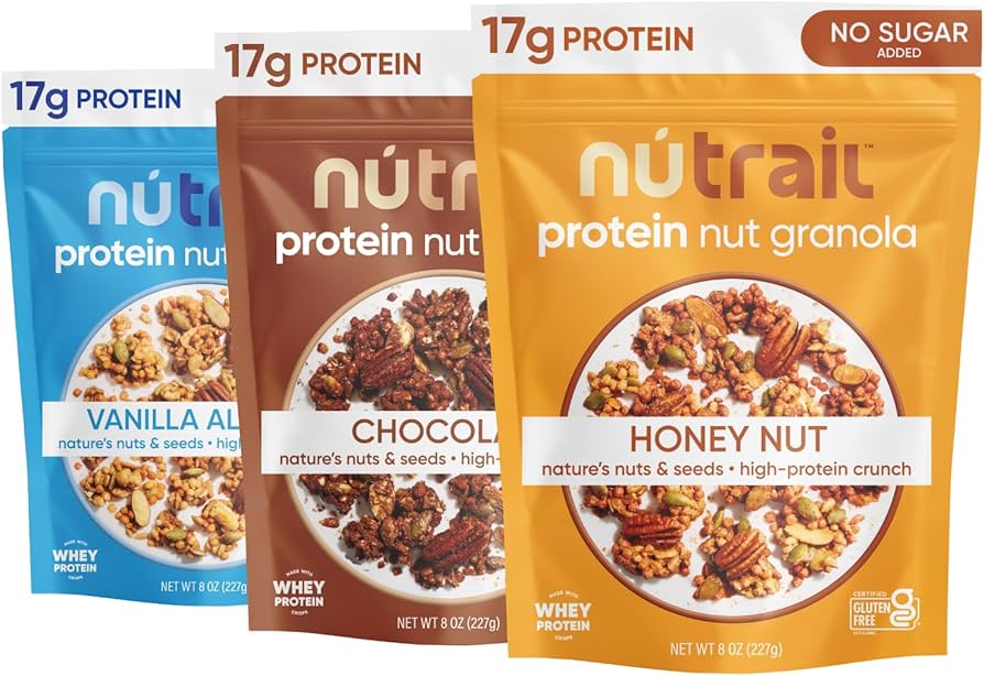 NuTrail Nut Granola Cereal Variety Pack - Blueberry Cinnamon, Honey Nut, Chocolate - No Sugar Added, Keto, Low Carb, Gluten Free, Grain Free - Pack of 3