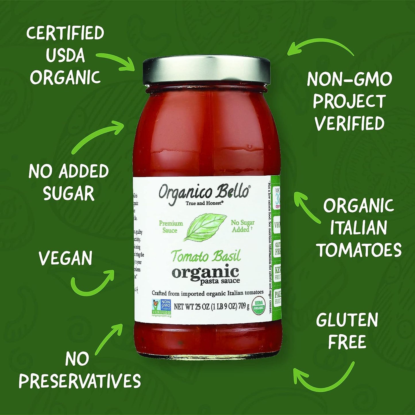 Organico Bello Tomato Basil Pasta Sauce - Pack of 3 - Organic Gluten Free