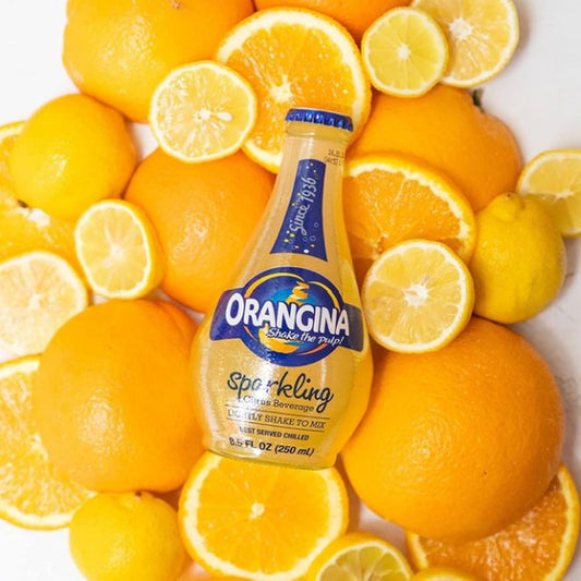 Orangina Sparkling Juice Citrus Soda Original with Pulp Glass Bottle, 8.4 oz - Pack of 6