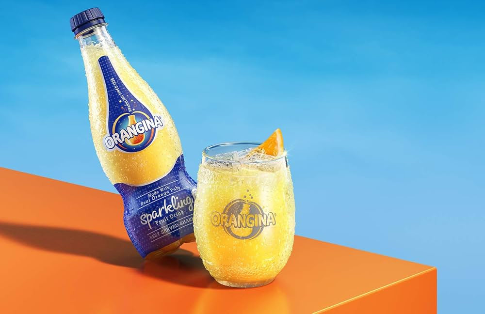 Orangina Sparkling Juice Citrus Soda Original with Pulp Glass Bottle, 8.4 oz - Pack of 12