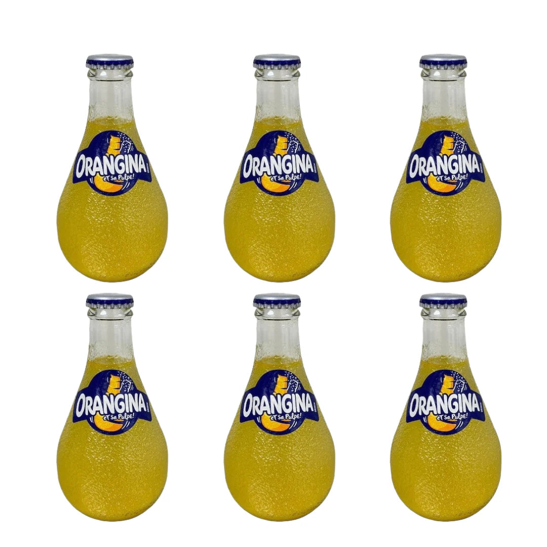 Orangina Sparkling Juice Citrus Soda Original with Pulp Glass Bottle, 8.4 oz - Pack of 6