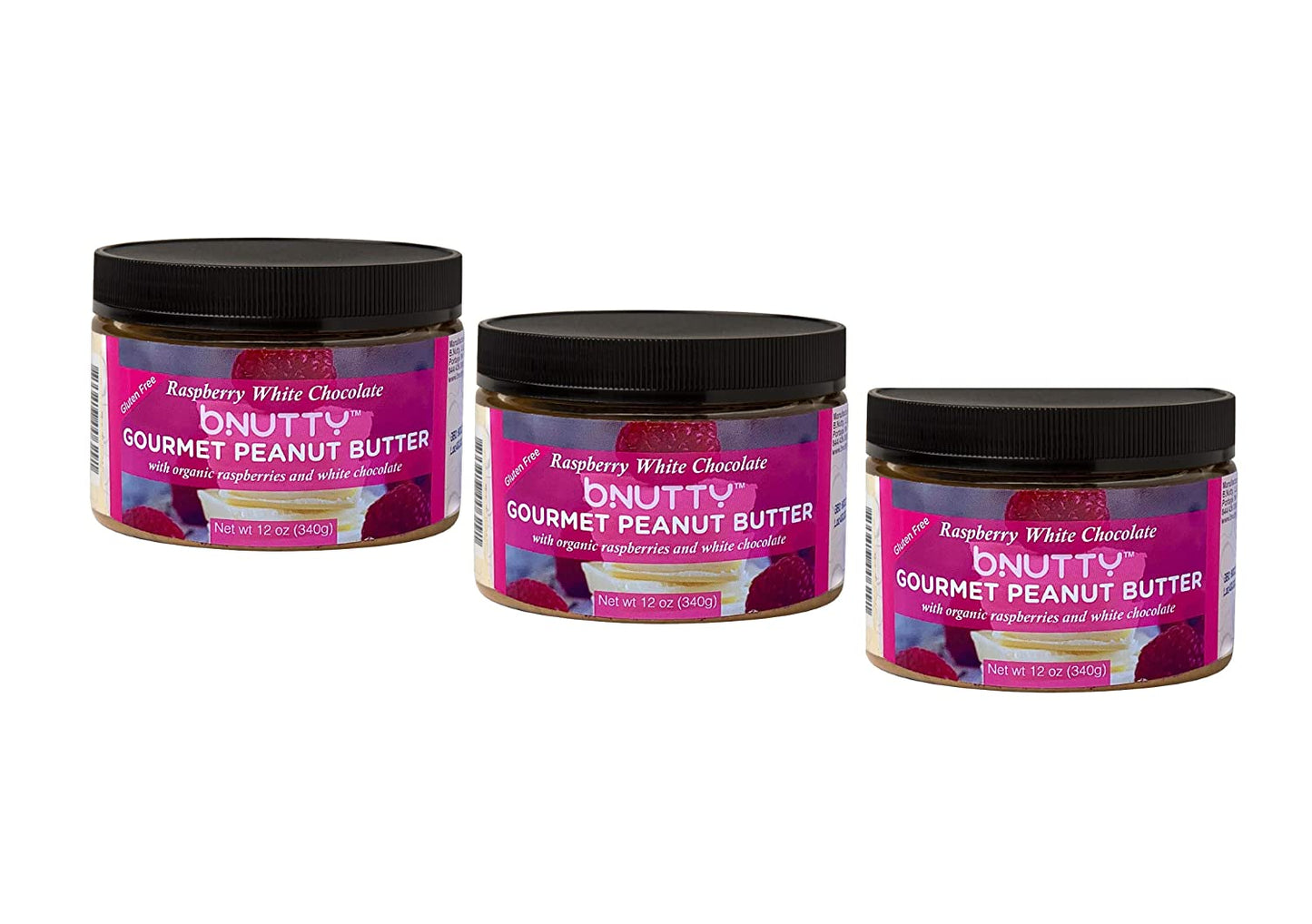 BNutty Raspberry White Chocolate Gourmet Peanut Butter - Gluten Free - Natural Peanut Butter - 12oz Jars - 3 Pack
