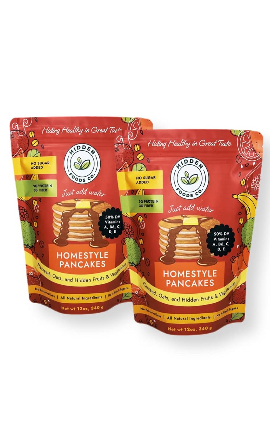 Hidden Foods Homestyle Pancake Mix - Made with Natural Oats, Flaxseed, Fruits & Vegetables - Pack of 2