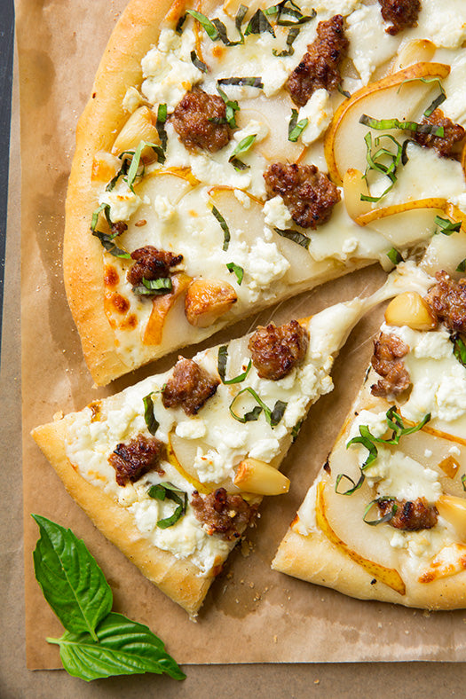 Pear Goat Cheese and Italian Sausage Pizza with Roasted Garlic and Fresh Basil