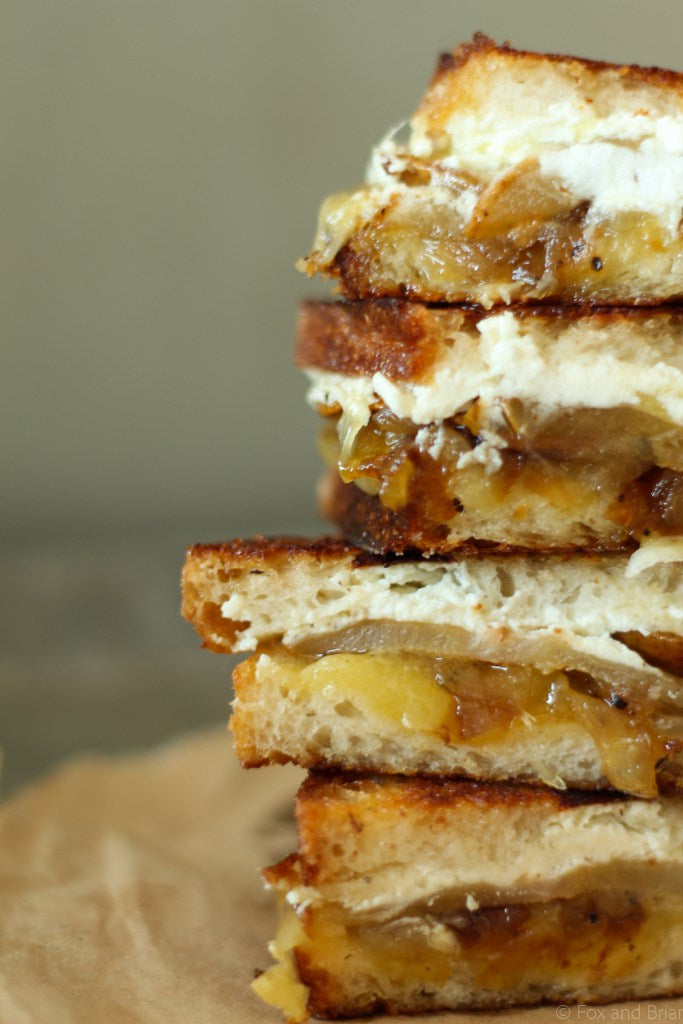HONEY ROASTED PEAR, GOAT CHEESE AND CARAMELIZED ONION GRILLED CHEESE