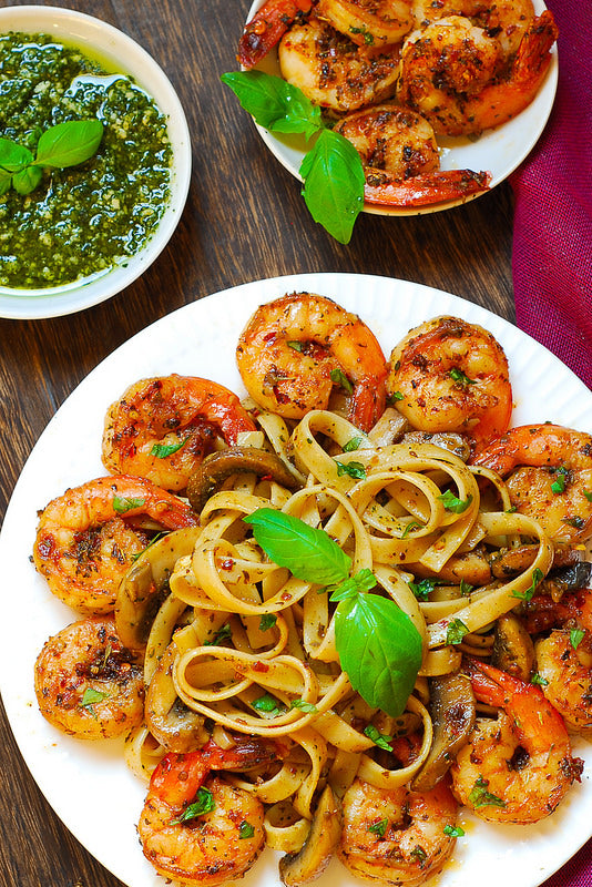 Pesto Shrimp Fettuccine in Mushroom Garlic Sauce