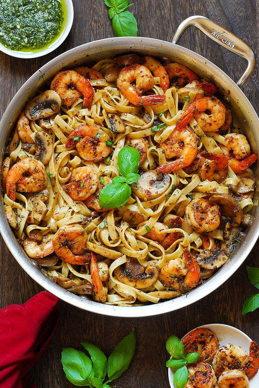 Pesto Shrimp Fettuccine in Mushroom Garlic Sauce