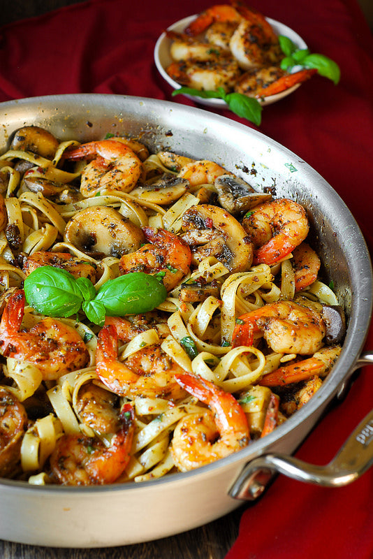 Pesto Shrimp Fettuccine in Mushroom Garlic Sauce