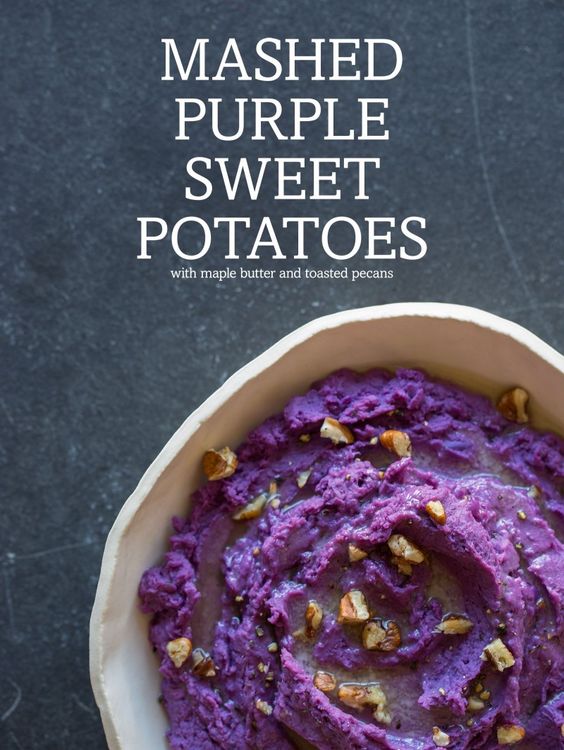 Mashed Purple Sweet Potatoes with Maple Syrup and Roasted Pecans