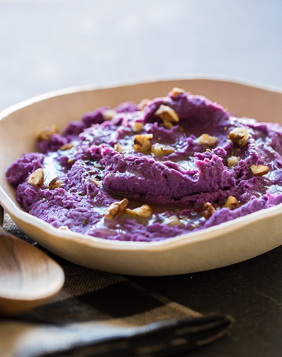 Mashed Purple Sweet Potatoes with Maple Syrup and Roasted Pecans