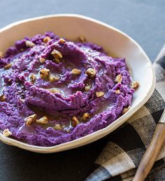 Mashed Purple Sweet Potatoes with Maple Syrup and Roasted Pecans