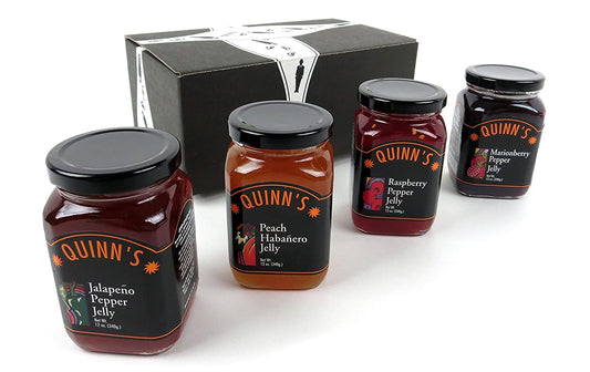 Quinn's Pepper Jelly 4 Flavor Variety - 12 oz Jar each of Jalapeño, Peach Habanero, Raspberry, Marionberry