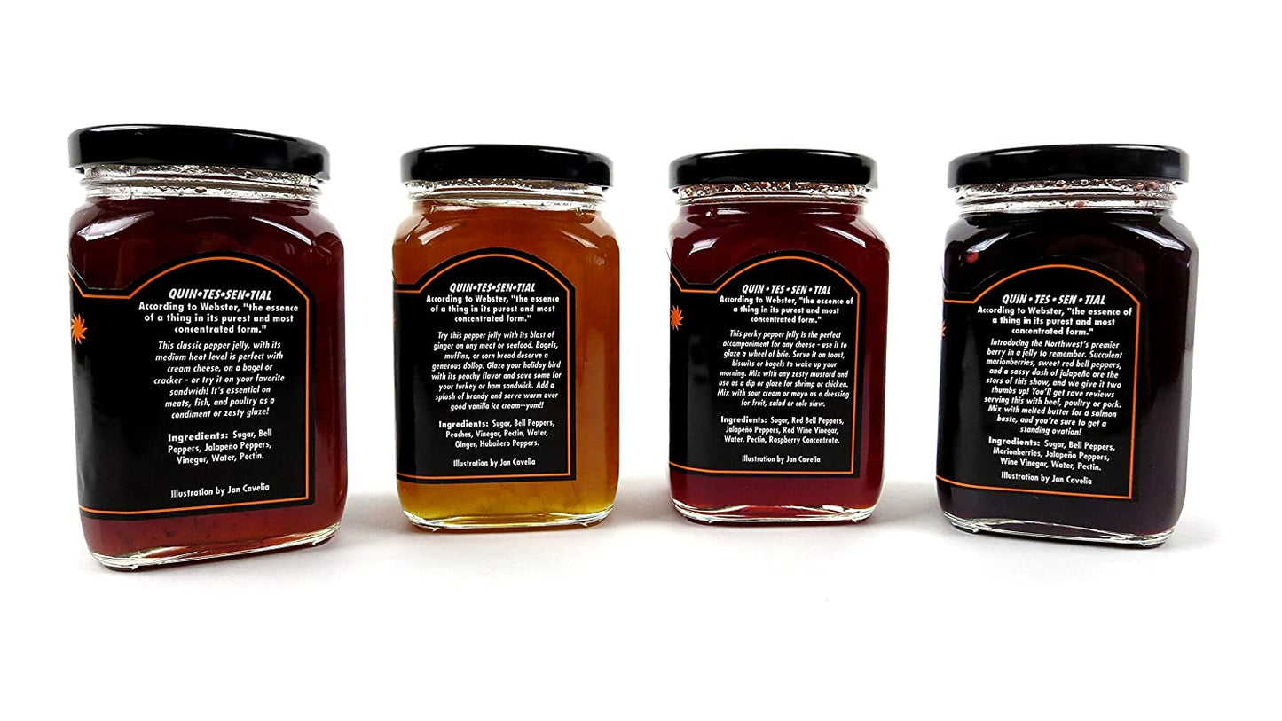 Quinn's Pepper Jelly 4 Flavor Variety - 12 oz Jar each of Jalapeño, Peach Habanero, Raspberry, Marionberry