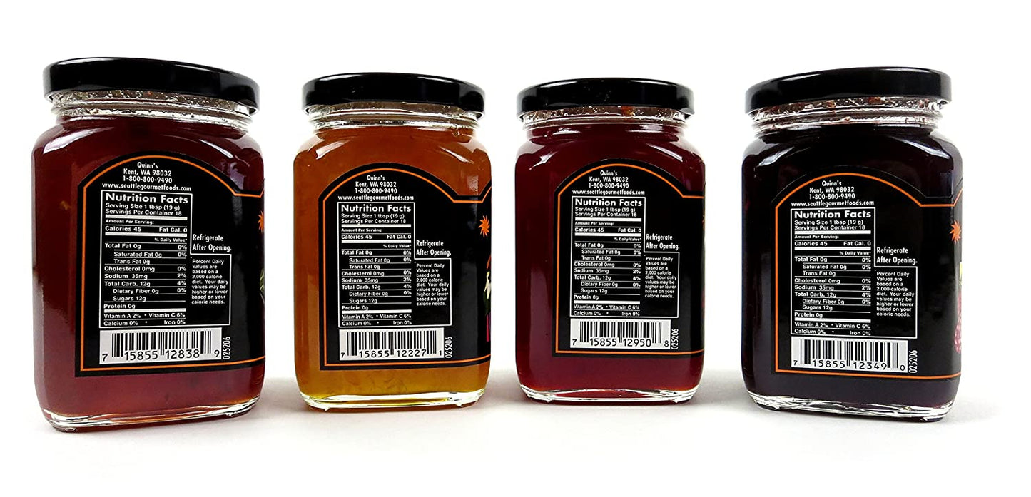 Quinn's Pepper Jelly 4 Flavor Variety - 12 oz Jar each of Jalapeño, Peach Habanero, Raspberry, Marionberry
