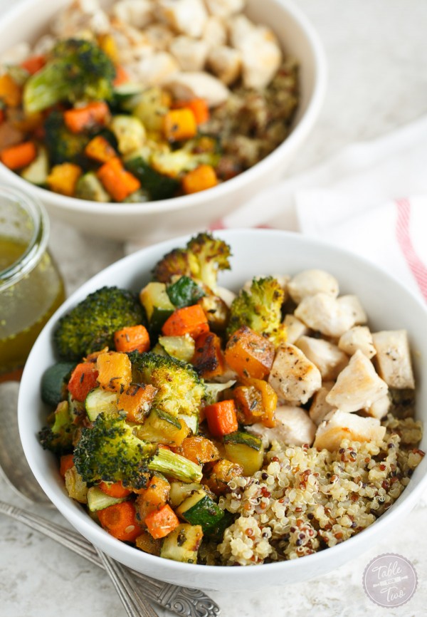 Chicken and Roasted Vegetable Quinoa Bowls