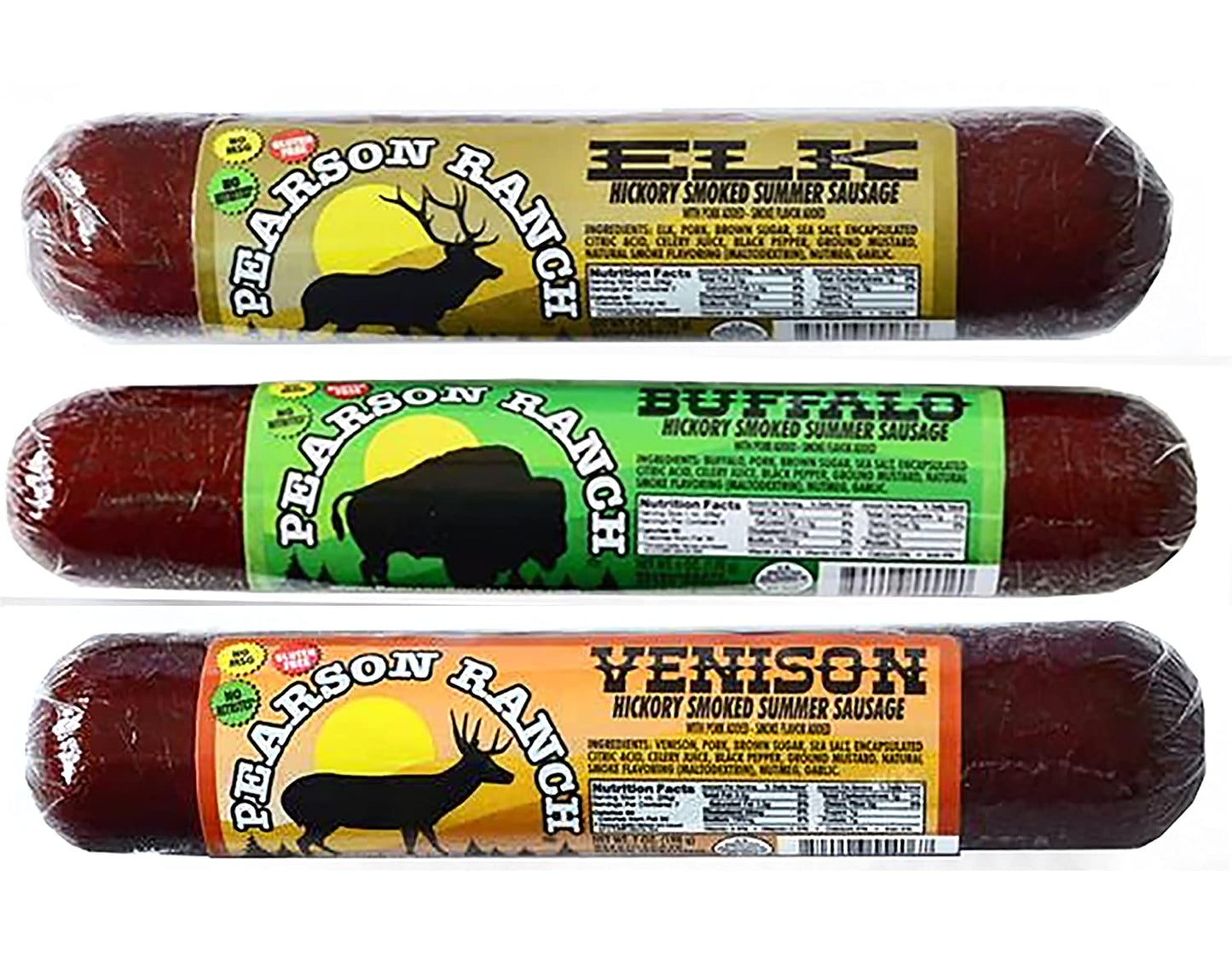 Pearson Ranch Game Meat Hickory Smoked Summer Sausage Variety Pack of 3 – Elk, Buffalo, Venison Gluten-Free, MSG-Free