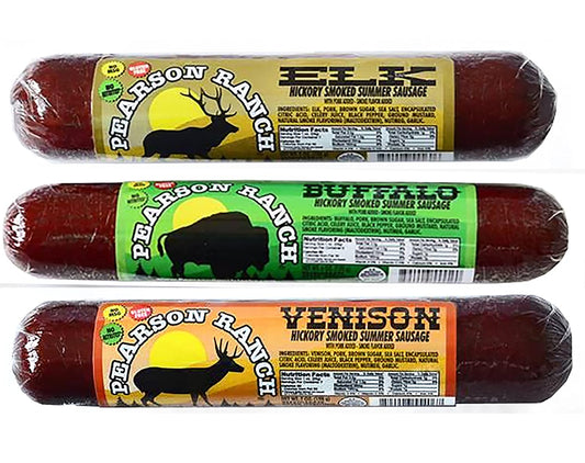 Pearson Ranch Game Meat Hickory Smoked Summer Sausage Variety Pack of 3 – Elk, Buffalo, Venison Gluten-Free, MSG-Free