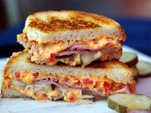 Grilled Pimento Cheese, Ham, and Homemade Pickles Sandwich