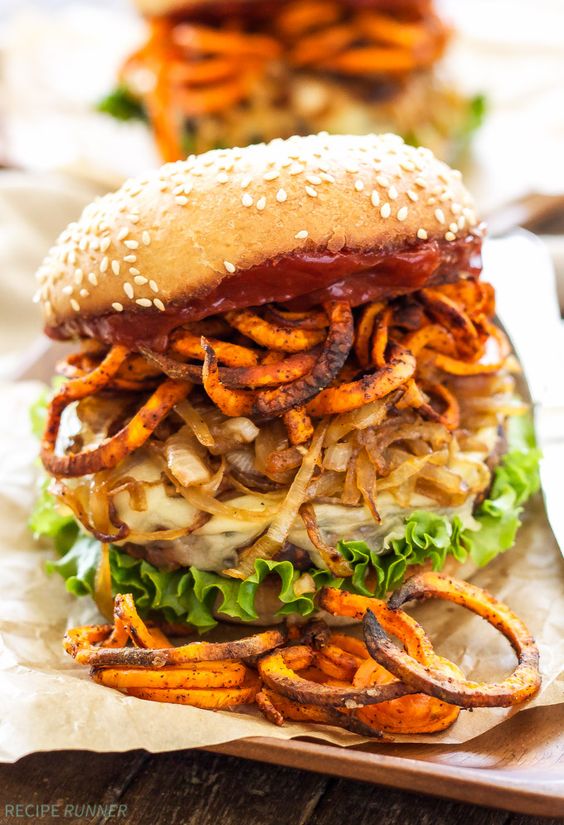 Santa Fe Veggie Burger with Sweet Potato Fries, Carmelized Onions and Chipotle…