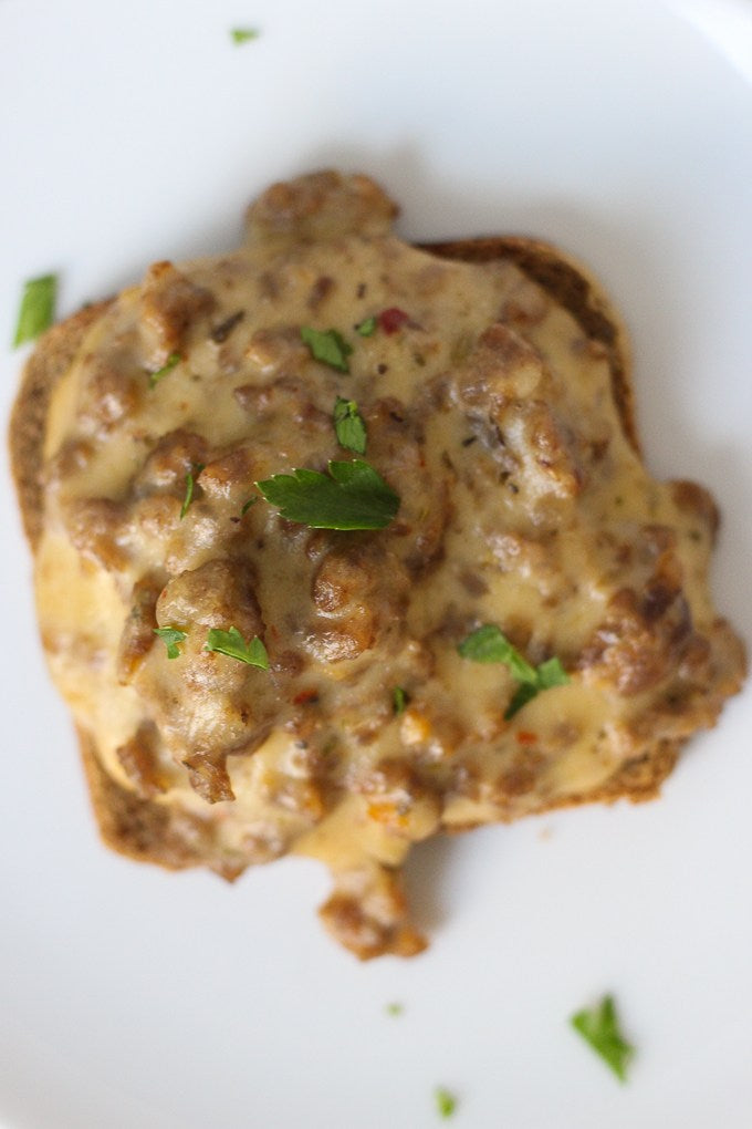 Cheesy Sausage Bacon Jam Toast Bites