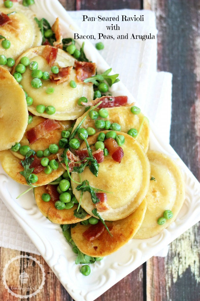 Pan-Seared Ravioli with Bacon, Peas, and Arugula