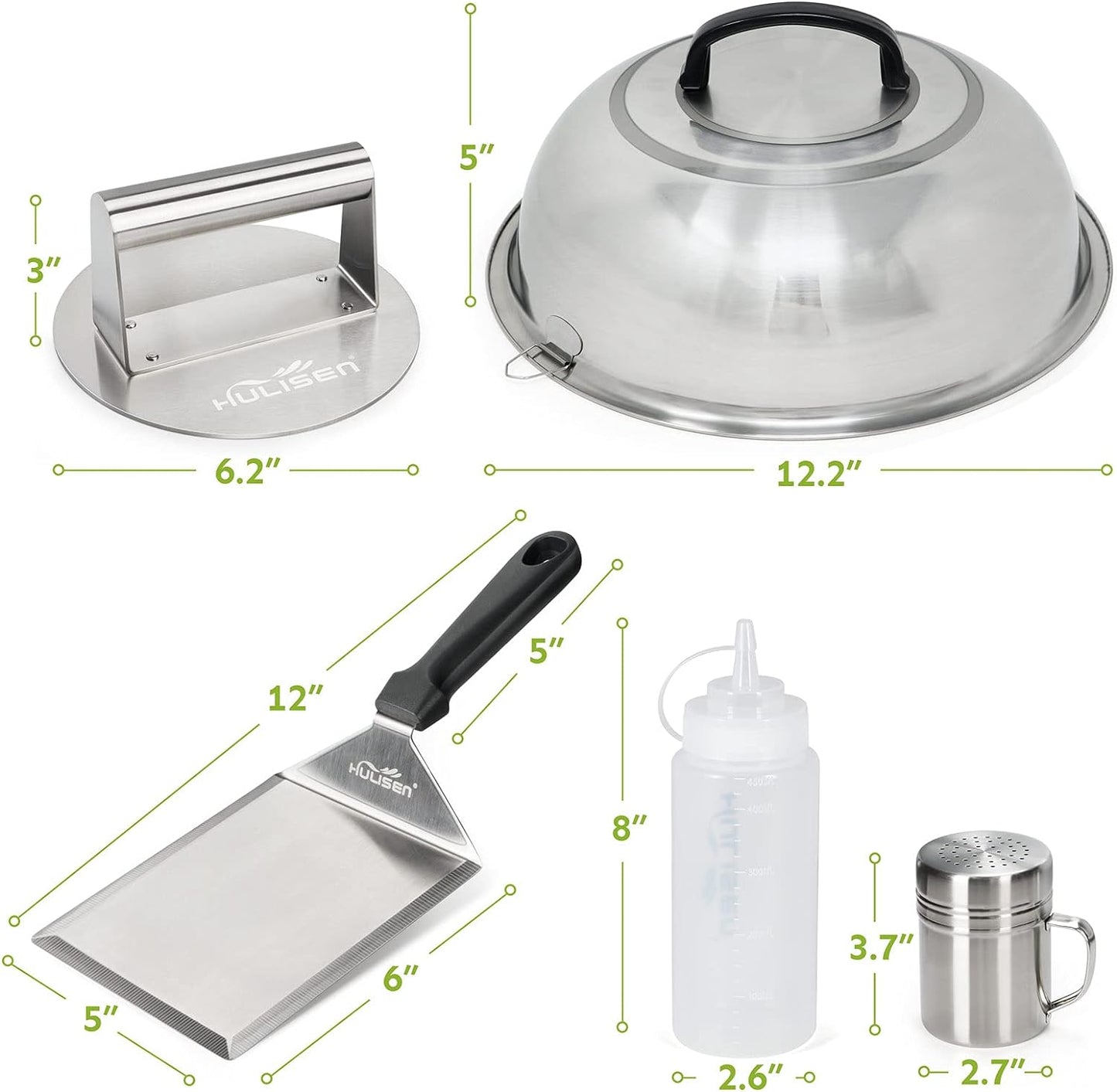Smashed Burger Kit, Burger Press, 12 Inch Basting Cover, Grill Spatula, Spice Dredge Shaker and 2 Squeeze Bottles