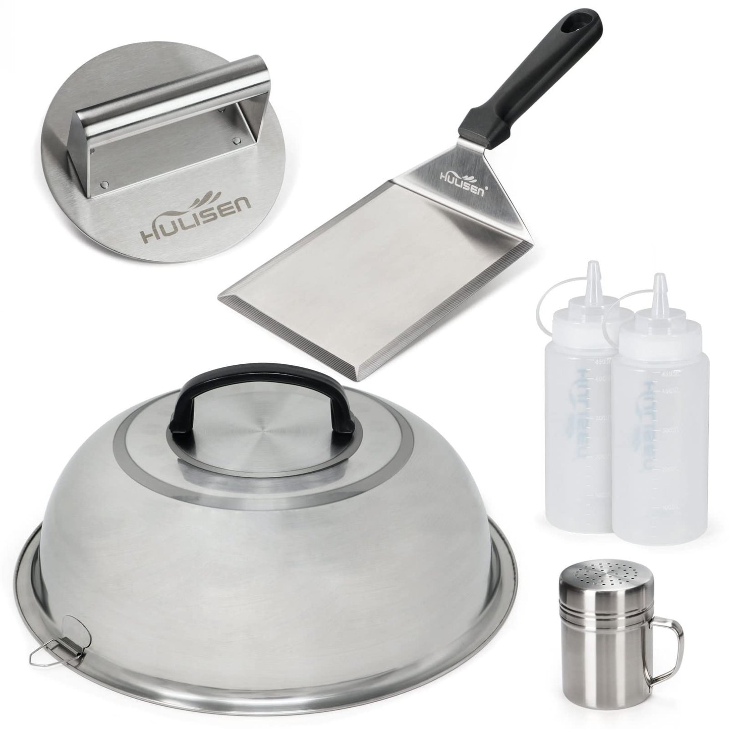 Smashed Burger Kit, Burger Press, 12 Inch Basting Cover, Grill Spatula, Spice Dredge Shaker and 2 Squeeze Bottles