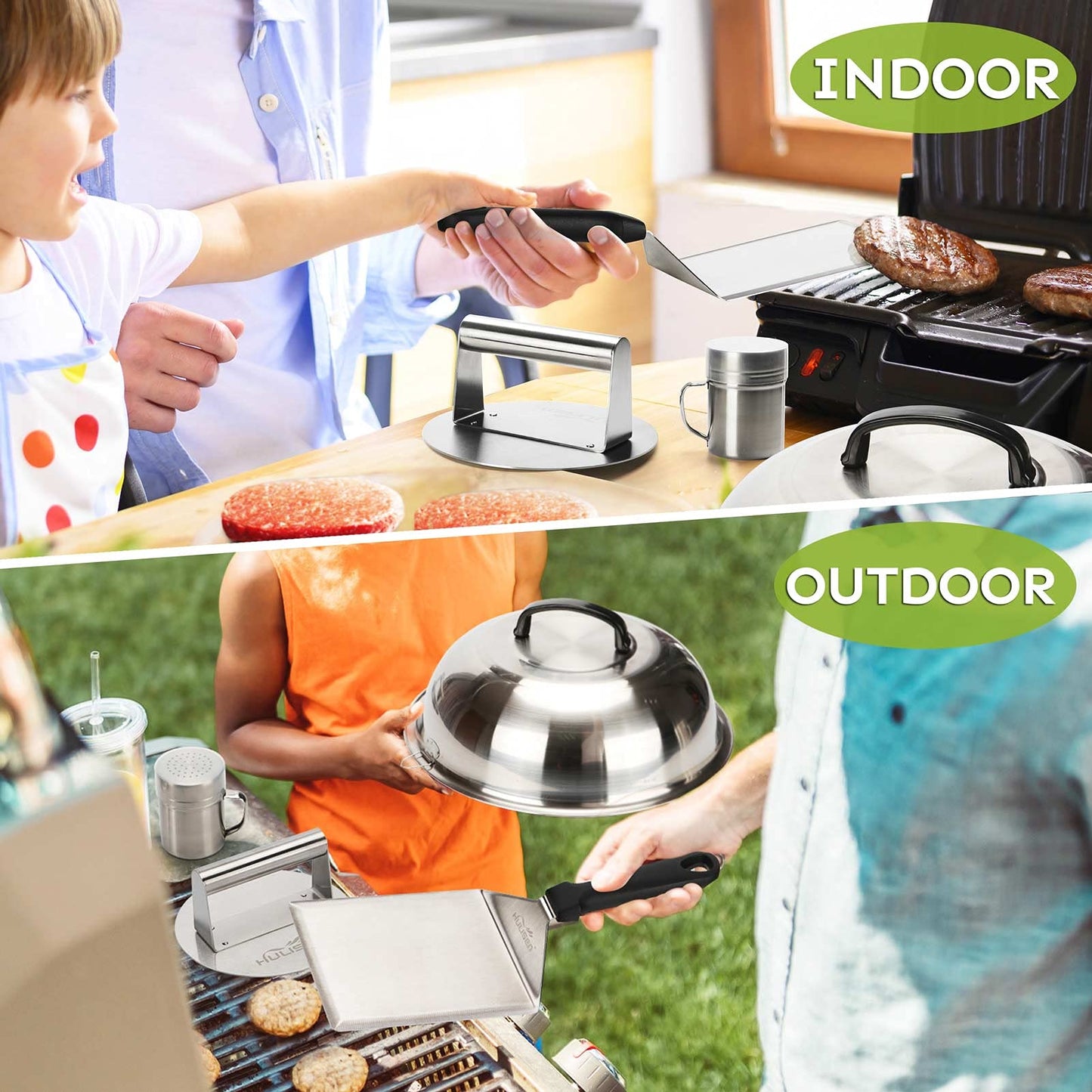 Smashed Burger Kit, Burger Press, 12 Inch Basting Cover, Grill Spatula, Spice Dredge Shaker and 2 Squeeze Bottles