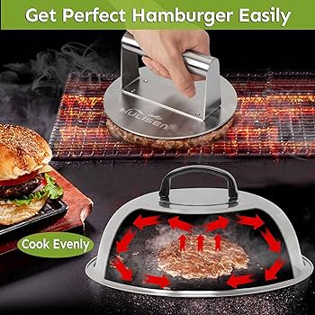 Smashed Burger Kit, Burger Press, 12 Inch Basting Cover, Grill Spatula, Spice Dredge Shaker and 2 Squeeze Bottles