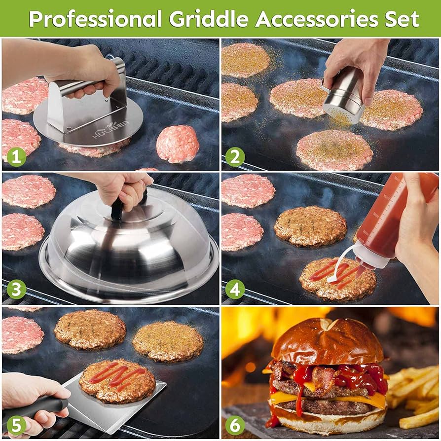 Smashed Burger Kit, Burger Press, 12 Inch Basting Cover, Grill Spatula, Spice Dredge Shaker and 2 Squeeze Bottles