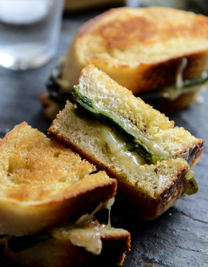 Sourdough Grilled Cheese with Roasted Poblanos, Smoked Cheddar and Curried Brown Butter