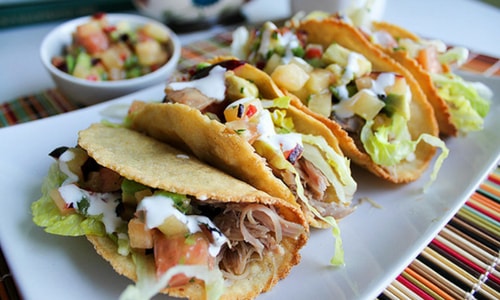 Crispy Duck Confit Tacos with Grapefruit Plum Salsa