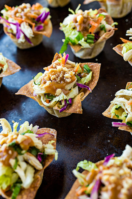 Thai Chicken Salad Wonton Cups with Peanut Sauce Dressing