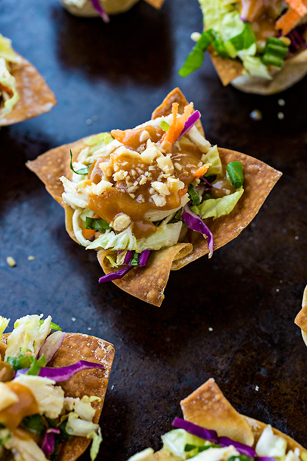 Thai Chicken Salad Wonton Cups with Peanut Sauce Dressing