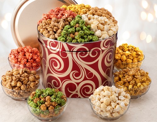 6 Tropical Popcorn flavors packaged in a decorative tin - Dockside Market