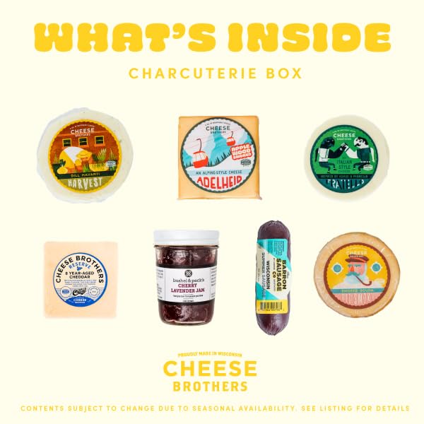 Cheese Bros. Wisconsin Charcuterie Gift Box - Dill Havarti, Fratello, Smoked Gouda, Adelheid, 8 Year Aged Cheddar, Salami and Jam
