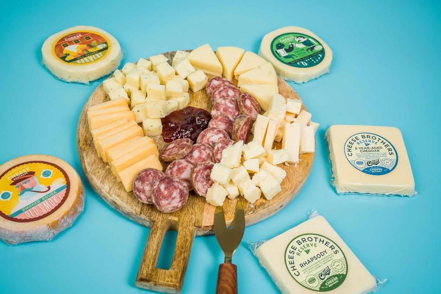 Cheese Bros. Wisconsin Charcuterie Gift Box - Dill Havarti, Fratello, Smoked Gouda, Adelheid, 8 Year Aged Cheddar, Salami and Jam