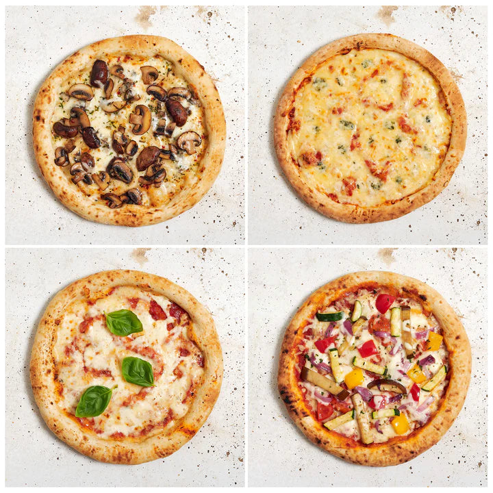 WOOD FIRED PIZZA WOOD FIRED PIZZA SAMPLER - Mushroom & Truffle, Margherita, Four Cheese & Sicillian- Mushroom & Truffle, Margherita, Four Cheese & Sicillian Pepperoni Pizza, 9" - 2 Pack