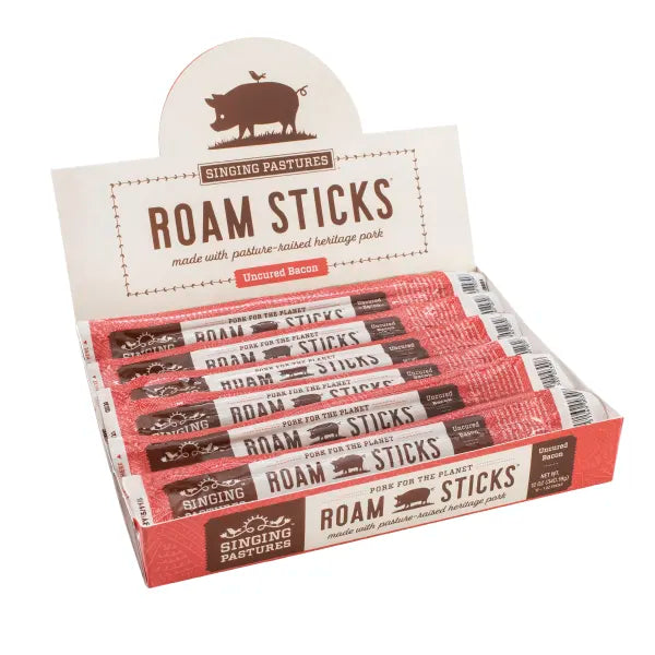 Hickory Smoked Pork with Uncured Bacon Snack Roam Sticks - includes 12